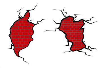 Wall Mural - cracked brick wall. a cracked stonewall. realistic cracks in the wall. ground cracks set. earthquake