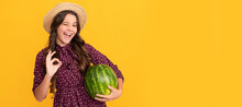Healthy Food For Children. Fructose Healthy Eating On Summer Vacation. Teen Girl Having Fun. Summer Girl Portrait With Watermelon, Horizontal Poster. Banner Header With Copy Space.