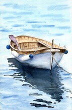 Watercolor Illustration Of A White Wooden-framed Fishing Boat With Its Own Reflection On The Water Surface