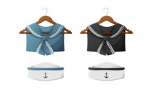Sailor Collar On A Hanger And White Hat In Classic Blue And Black With Anchor. Marine Clothes And Uniform. Vector Illustration, Nautical Style. Concept Of Journey, Sea Travel And Work, Marine Trip.