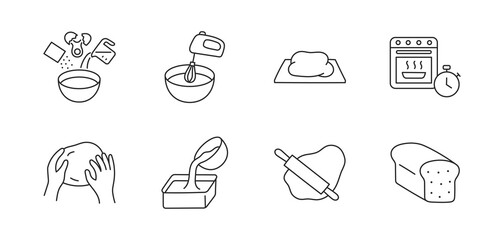 Wall Mural - Dough doodle illustration including icons - bowl, oven, mix, ingredients, egg, rolling pin, bread, timer. Thin line art about baking. Editable Stroke