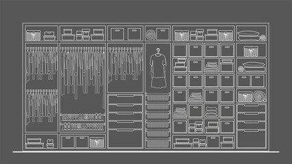 Wall Mural - Linear  front  sketch wardrobe interior with the filling on gray background