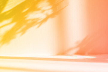 Fototapete - Abstract gradient orange studio background for product presentation. Empty room with shadows of window and flowers and palm leaves . 3d room with copy space. Summer concert. Blurred backdrop.