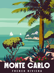 French Riviera Monte Carlo Retro Poster. Tropical coast scenic view, palm, Mediterranean marine