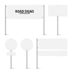 Wall Mural - Various road, traffic signs. Highway signboard on a chrome metal pole. Blank white board with place for text. Directional signage and wayfinder. Information sign mockup. Vector illustration