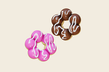 Top view Pon De Ring donut Chocolate and Strawberry flavor 3d render  , isolated on beige color background , illustration 3D Rendering