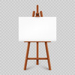 © 32 pixels - Realistic paint desk with blank white canvas. Wooden easel and a sheet of drawing paper. Presentation board on a tripod. Artwork mockup, template. Vector illustration