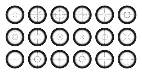 Various weapon sights, sniper rifle optical scopes. Hunting gun viewfinder with crosshair. Aim, shooting mark symbol. Military target sign, silhouette. Game interface UI element. Vector illustration