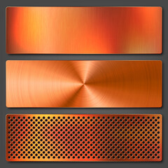 Wall Mural - Realistic copper banners collection. Brushed stainless steel plate. Polished metal surface. Scratched industrial texture, metal background. Vector illustration.