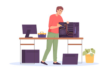 Wall Mural - cartoon engineer repairing computer system unit. technician fixing pc hardware flat vector illustrat