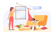 Frustrated woman in room with dog and damaged furniture. Bad behaviour, puppy making mess at home flat vector illustration. Pets or domestic animals, damage concept for banner or landing web page