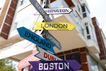 Tourist Signs Of Cities And Countries With Directions