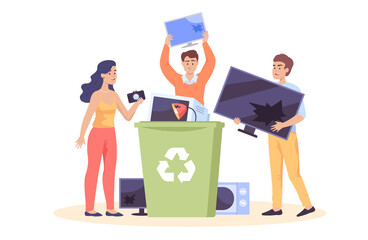 Wall Mural - people throwing electronic devices into recycle bin. male and female cartoon characters holding came