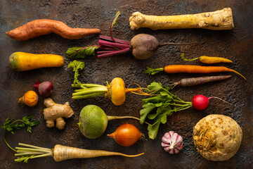 Poster - Fresh root vegetables on textured background. Autumn harvest. Concept healthy food.