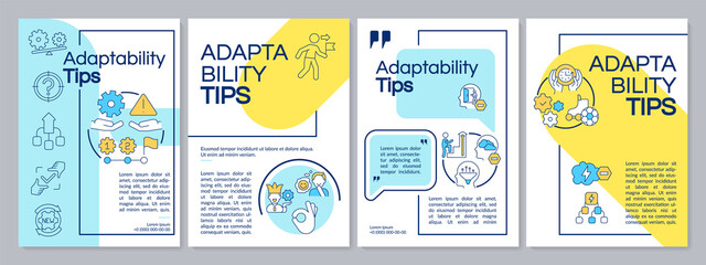 Adaptability tips blue and yellow brochure template. Flexibility. Leaflet design with linear icons. Editable 4 vector layouts for presentation, annual reports. Questrial, Lato-Regular fonts used