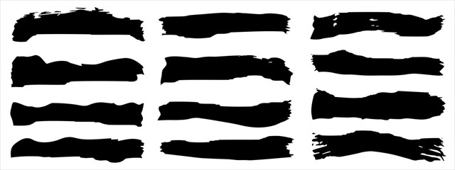 Wall Mural - Vector collection of artistic grungy black paint hand made creative brush stroke set isolated on banner background. A group of abstract grunge sketches for design education or graphic art decoration