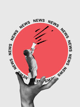 Contemporary Art Collage. Female Hand Holding Megaphone With News Lettering. Concept Of Creativity, Mass Media Influence, Information, News. Copy Space For Ad