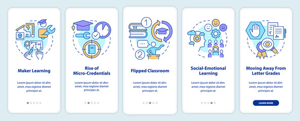 Trends in education onboarding mobile app screen. Learning walkthrough 5 steps editable graphic instructions with linear concepts. UI, UX, GUI template. Myriad Pro-Bold, Regular fonts used