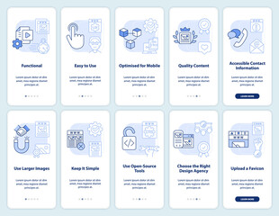 What makes website attractive light blue onboarding mobile app screen set. Walkthrough 5 steps editable instructions with linear concepts. UI, UX, GUI template. Myriad Pro-Bold, Regular fonts used