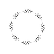 Decorative Wreath With Abstract Twigs And Round Black White Leaves. Frame For Logo, Monogram, Festive Design. Line Drawing. Floral Border, Scrapbooking Element. Vector Illustration Isolated On White