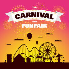 Carnival Funfair With Fireworks Rays. Amusement Park Carousels, Roller Coaster And Attractions On Sunset. Fun Fair And Festive Theme Landscape. Ferris Wheel And Merry-go-round Festival Poster Vector