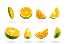 Sliced Calamansi Or Green Orange Fruits Isolated On White Background