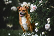happy mixed breed dog portrait with blooming roses outdoors