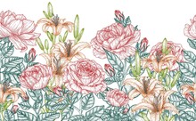 Seamless Horizontal Pattern Garden Of Graphic, Linear Flowers. Red Roses And Orange Lilies In Engraving Style