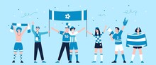 Sport Fans Group. Laugh Sports Fan Team, Football Cartoon Cheers Characters. Flat Teenagers Friends Support Soccer On Stadium Recent Vector People