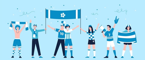 Sport fans group. Laugh sports fan team, football cartoon cheers characters. Flat teenagers friends support soccer on stadium recent vector people