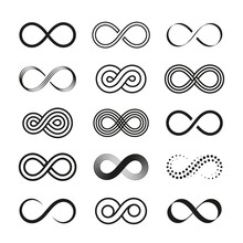 Black Infinity Symbols. Line Infinite Symbol, Eternity Swirl Sign. Isolated Mobius Loop Icons, Line Endless Elements For Design. Geometric Unlimited Logo Tidy Vector Set