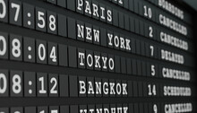 Airport Flight Departure Board With Some Cancelled Flights To Tokyo, Bangkok Or Delayed To New York. International Airport, Tourism And Travel Concept. 3D Illustration