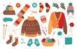 Winter knit clothes. Knitting socks, woolen cloth isolated set. Color sock mittens sweater, cute warm jumper. Wool jacket and crochet classy vector elements