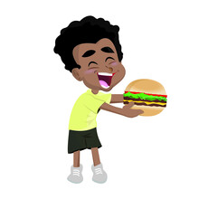 Happy Boy Eating Cheese Burger Vector Illustration Character Design