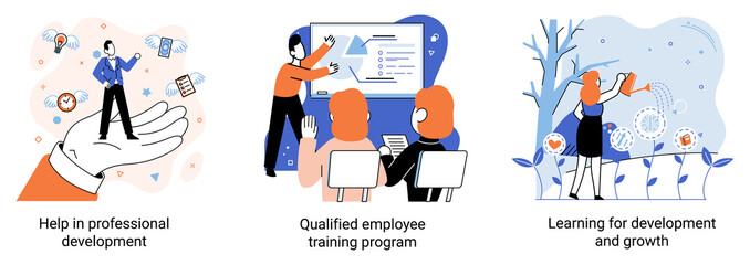 Help in professional development. Qualified employee training program. Learning for software development and growth. Agile project management devOps team, project life scrum meeting. Creative metaphor
