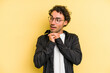 © Asier - Young caucasian man isolated on yellow background praying for luck, amazed and opening mouth looking to front.