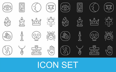 Poster - Set line Hamsa hand, Spider, Christian cross, Moon, Burning candle, Magic stone, Masons and King crown icon. Vector