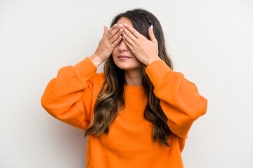 Wall Mural - Young caucasian woman isolated on white background afraid covering eyes with hands.