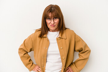 Wall Mural - Middle age caucasian woman isolated on white background sad, serious face, feeling miserable and displeased.