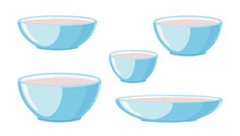 Various Bowls And Plates, Dishware Set In Pastel Blue Color, Vector Illustration On A White Background