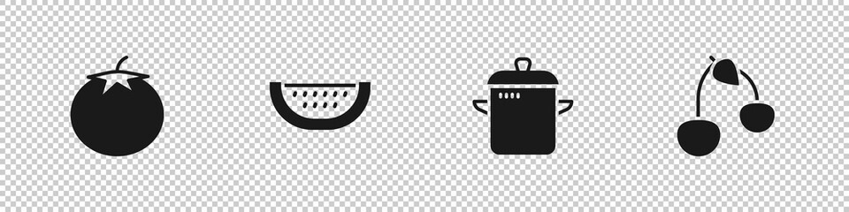 Wall Mural - Set Tomato, Watermelon, Cooking pot and Cherry icon. Vector