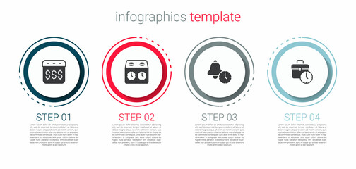 Sticker - Set Payday, calendar with dollar, Time chess clock, Alarm and Work time. Business infographic template. Vector