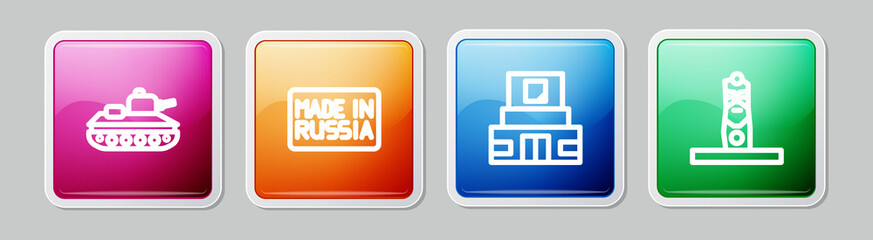 Sticker - Set line Military tank, Made in Russia, Mausoleum of Lenin and Slavic pagan idol. Colorful square button. Vector