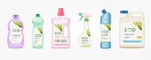 Labels for detergent bottle. Mockup cleaner bottles with label, disinfectants polypropylene package labeling branding washing cleaning chemical eco friendly products 3d tidy vector