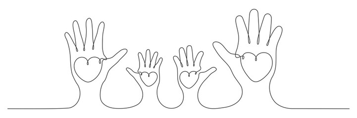 Wall Mural - Continuous one line drawing family hands hold hearts. Mother, father and child. Parents and children love concept. Vector isolated on white.