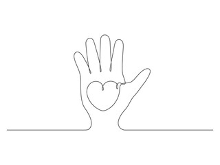 Continuous one line drawing hand holding heart. Charity donation linear concept. Vector isolated on white.