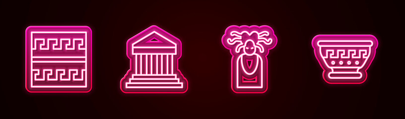 Sticker - Set line Ancient Greek pattern, Parthenon, Medusa Gorgon and ancient bowl. Glowing neon icon. Vector