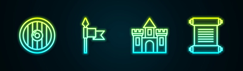 Sticker - Set line Round wooden shield, Medieval spear, Castle, fortress and Decree, parchment, scroll. Glowing neon icon. Vector