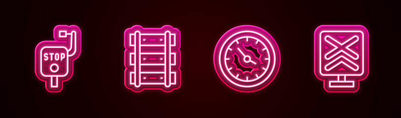 Sticker - Set line Emergency brake, Railway, railroad track, Train station clock and Railroad crossing. Glowing neon icon. Vector