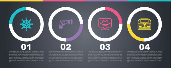 Poster - Set line Ship steering wheel, Vintage pistols, Location pirate and Antique treasure chest. Business infographic template. Vector